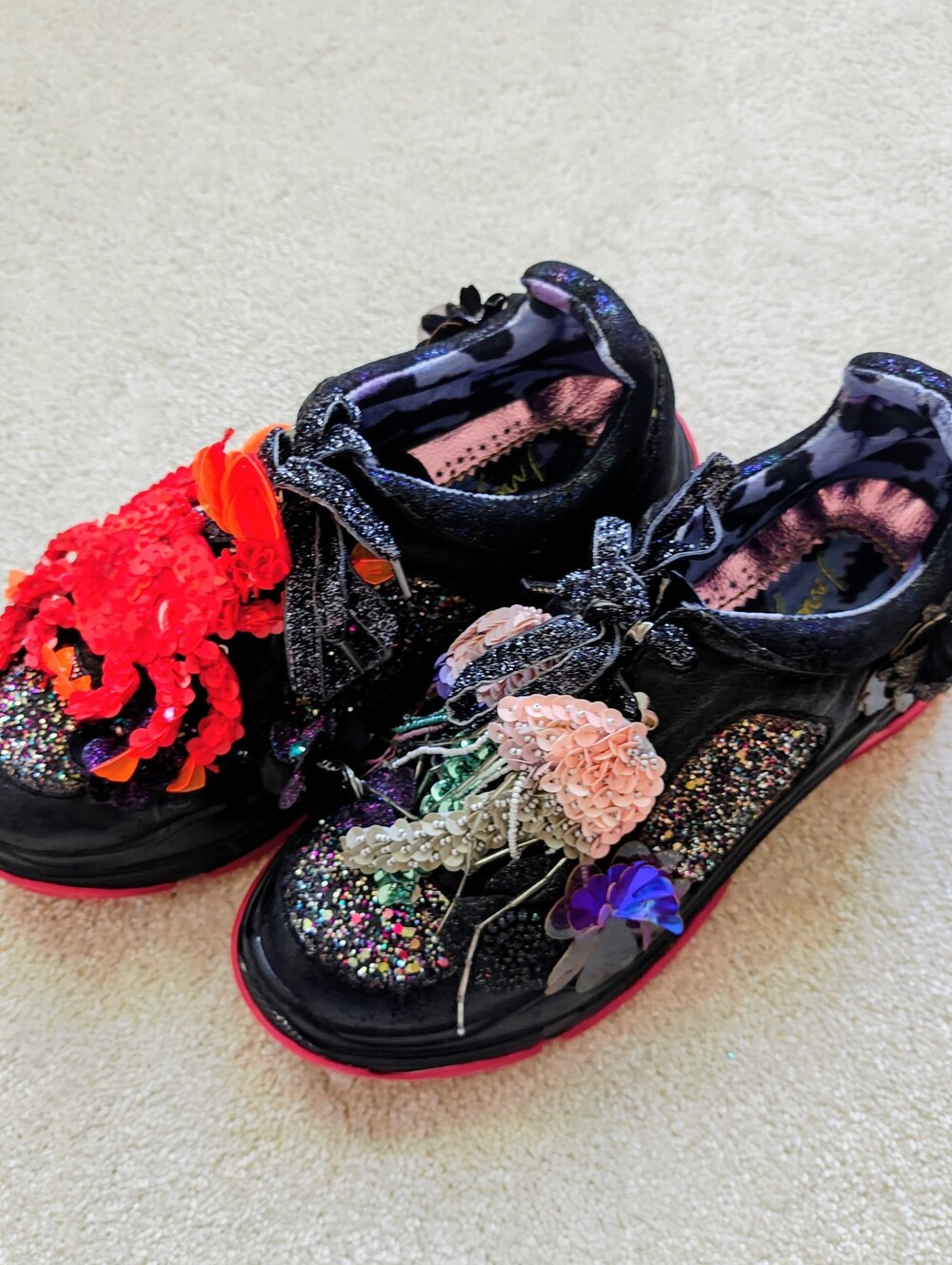 Irregular Choice Black Glitter Sneakers with Multicolor Sequin Flowers